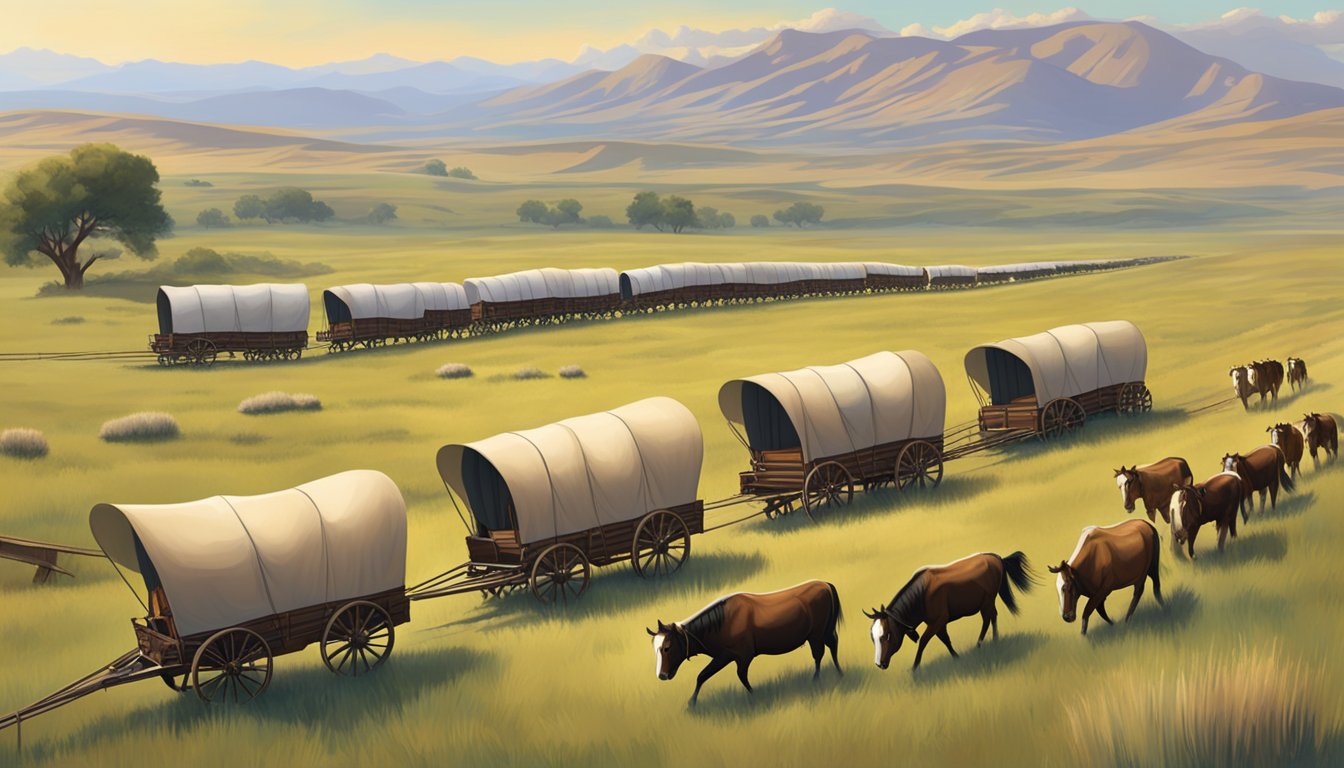 A long line of covered wagons stretches across the open prairie, pulled by teams of horses or oxen, with the vast American landscape as a backdrop