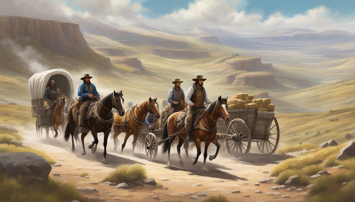 A group of settlers on horseback traversing rugged terrain with covered wagons, under a vast open sky