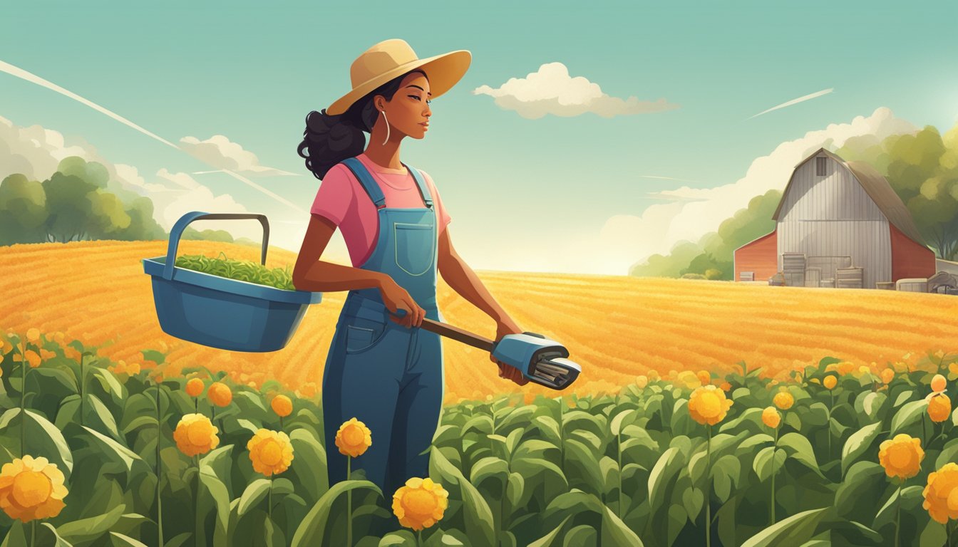 A young woman tends to crops on a vast, sun-drenched farm, surrounded by modern tools and technology