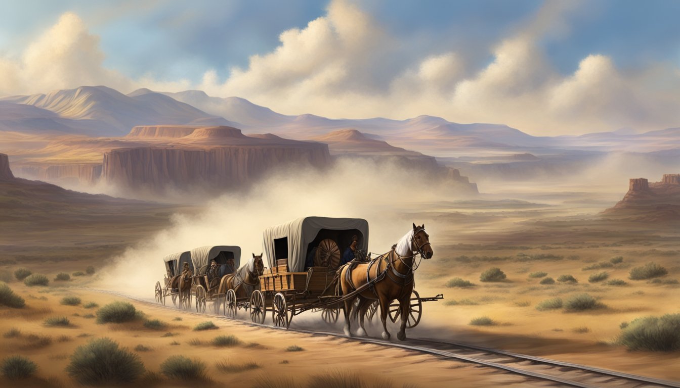 A wagon train traverses the rugged American frontier, with dust billowing behind and the vast, untamed landscape stretching out before them