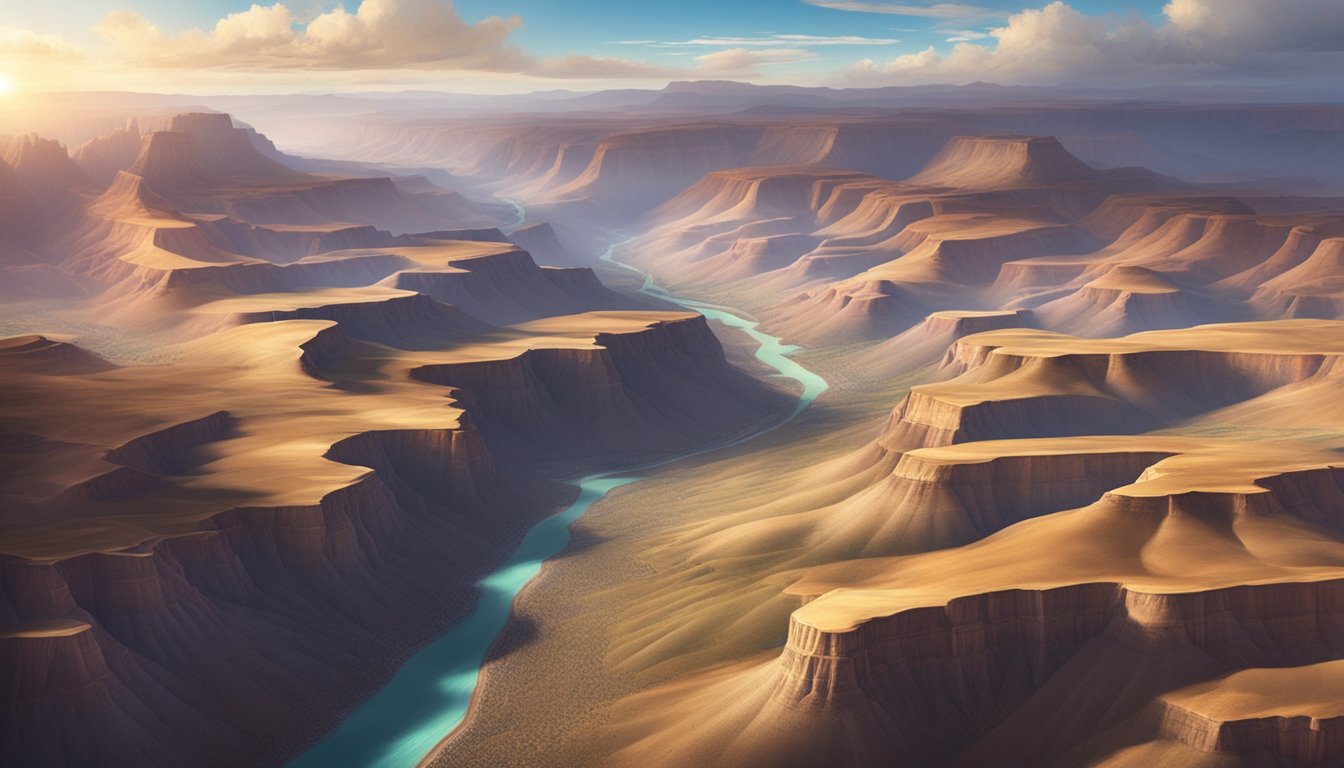 A sweeping aerial shot captures the vast, rugged landscape of the American West, with dramatic lighting and dynamic camera movement