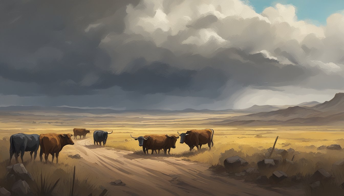 A dusty, rugged landscape stretches into the distance, dotted with wooden structures and grazing cattle. A stormy sky looms overhead, creating a sense of impending drama