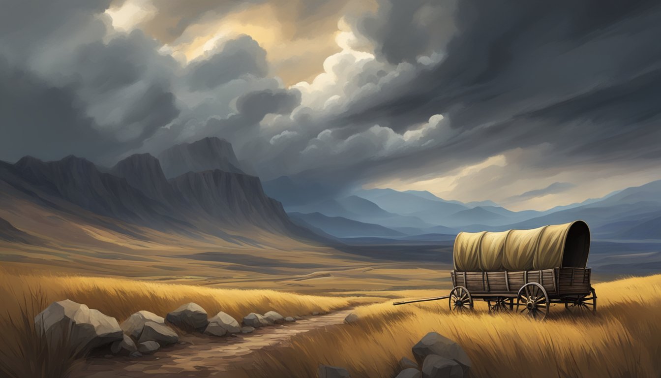 A rustic wagon travels through a vast, rugged landscape under a dramatic, stormy sky