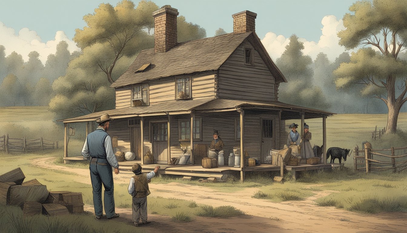 A stern father lectures his child in a rustic 1883 homestead