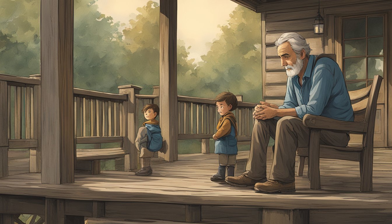 A stern, weathered father sits on a rustic porch, while a wide-eyed child gazes up at him with admiration and respect