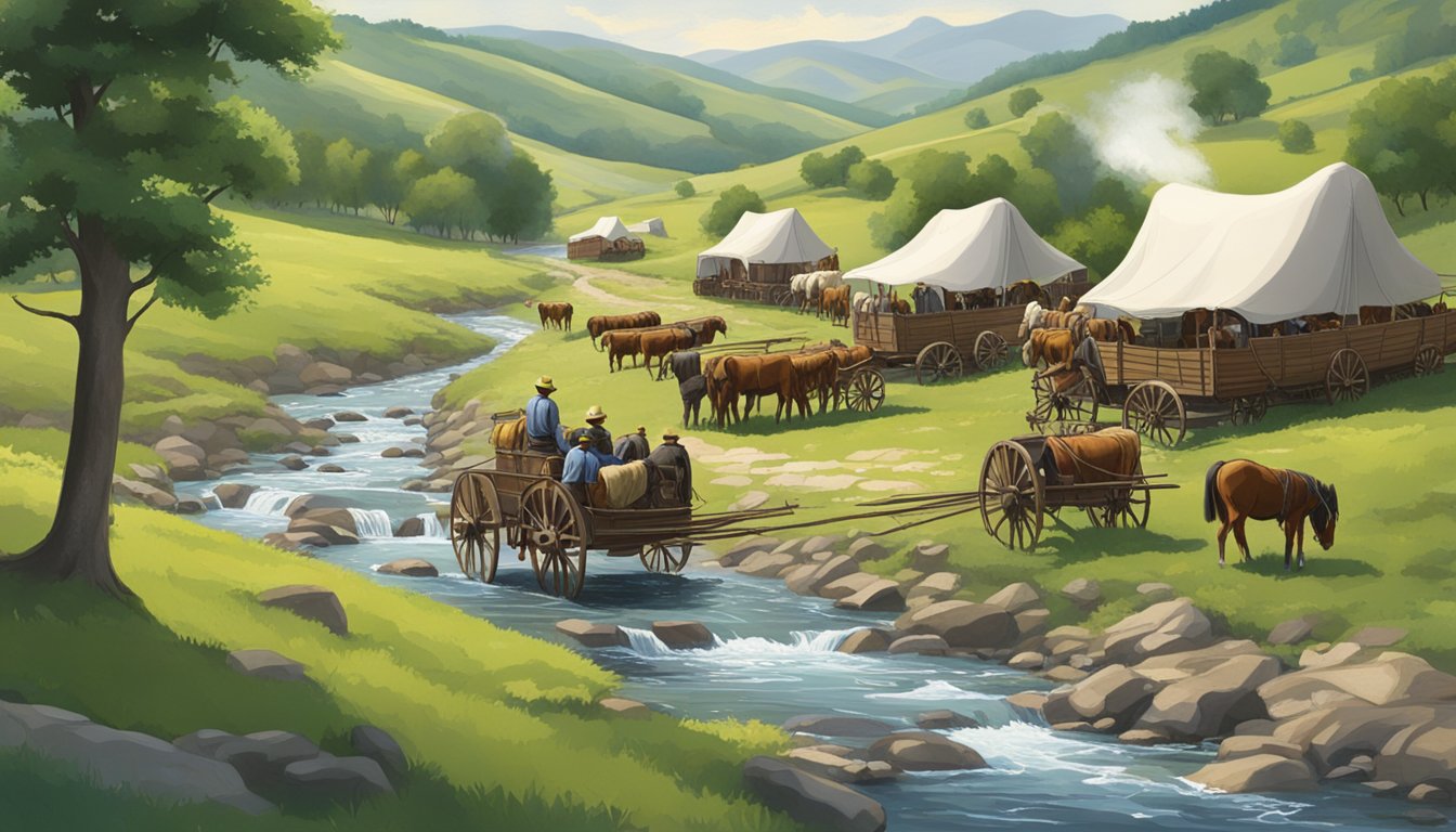 A group of covered wagons and livestock gather around a clear, flowing stream with lush greenery and rolling hills in the background