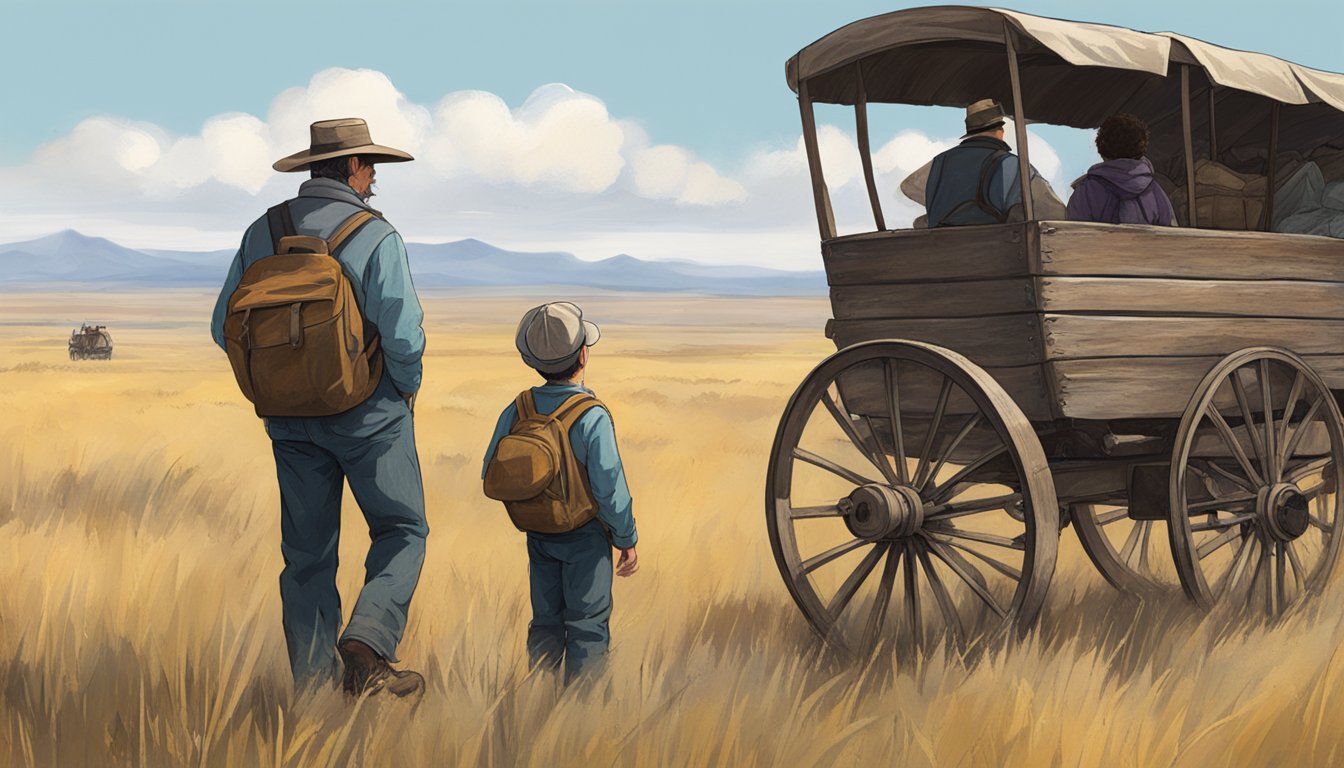 A father and child stand beside an old, weathered wagon, surrounded by vast, open prairie. The father's hand rests on the child's shoulder as they gaze into the distance