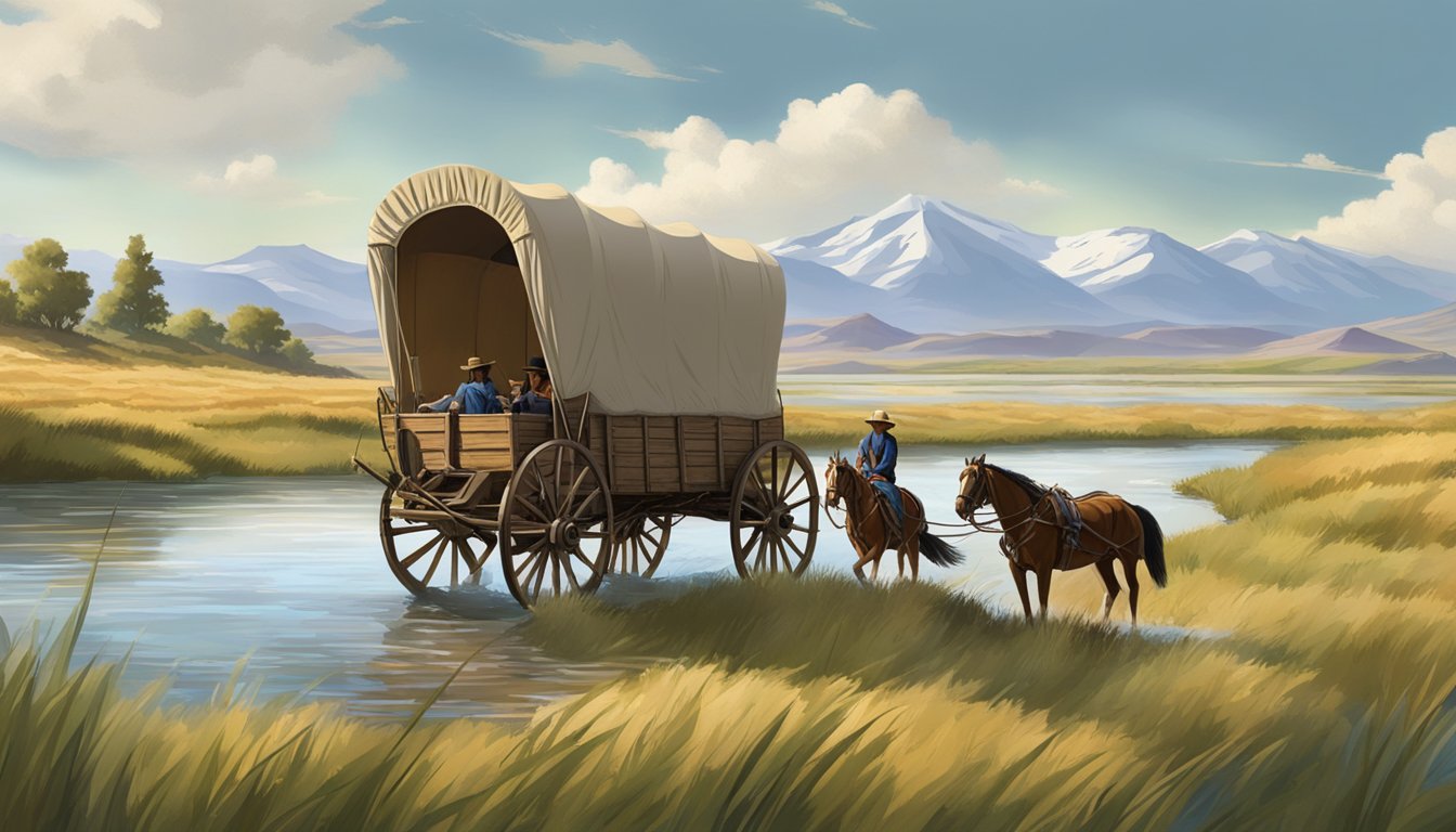 The Dutton family's covered wagon crossing a shallow river on the Oregon Trail, surrounded by tall grass and rugged terrain