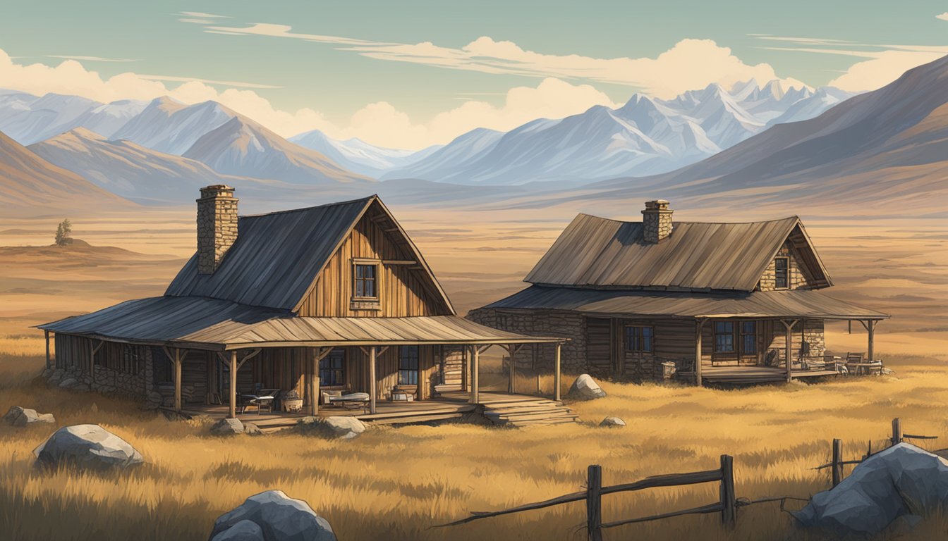 A rustic, sprawling homestead nestled in the untamed American frontier, with a backdrop of rugged mountains and vast open plains