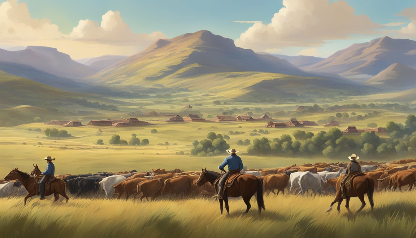 A vast, rugged landscape with rolling hills, a sprawling frontier town, and a herd of cattle being driven by cowboys on horseback