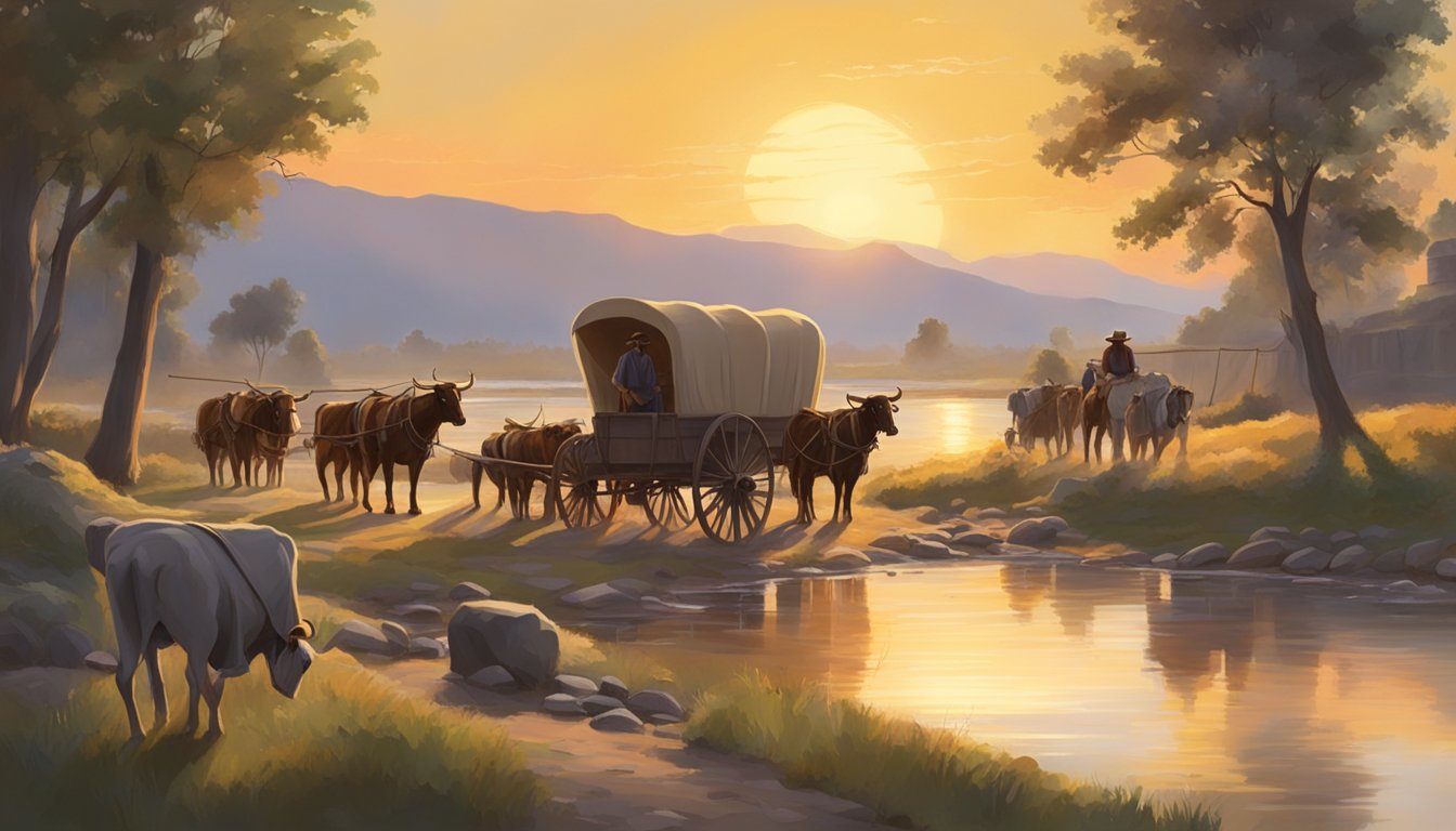 A group of covered wagons stop at a river, with oxen drinking and women filling buckets. The sun is setting, casting a warm glow over the scene