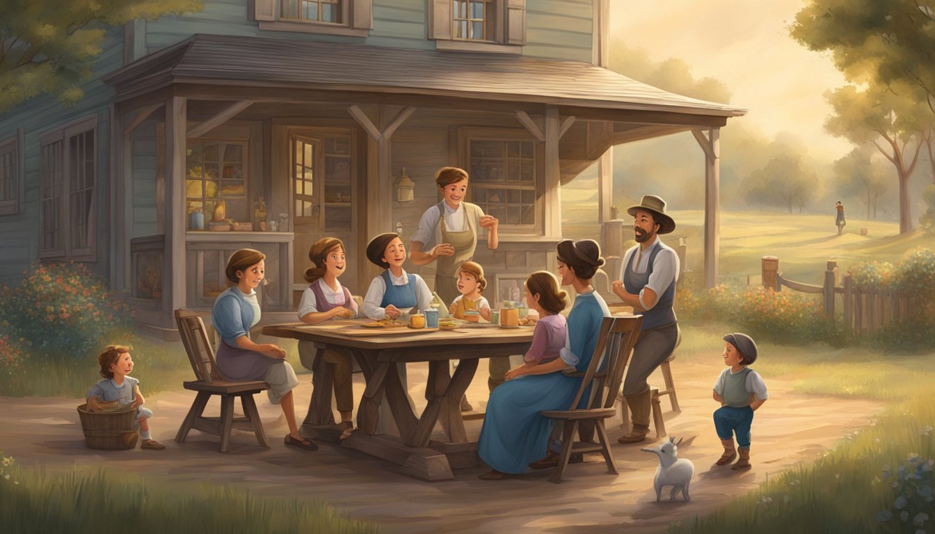 A family gathers around a rustic dining table, with parents and children engaged in conversation and laughter, set against a backdrop of a 19th century homestead