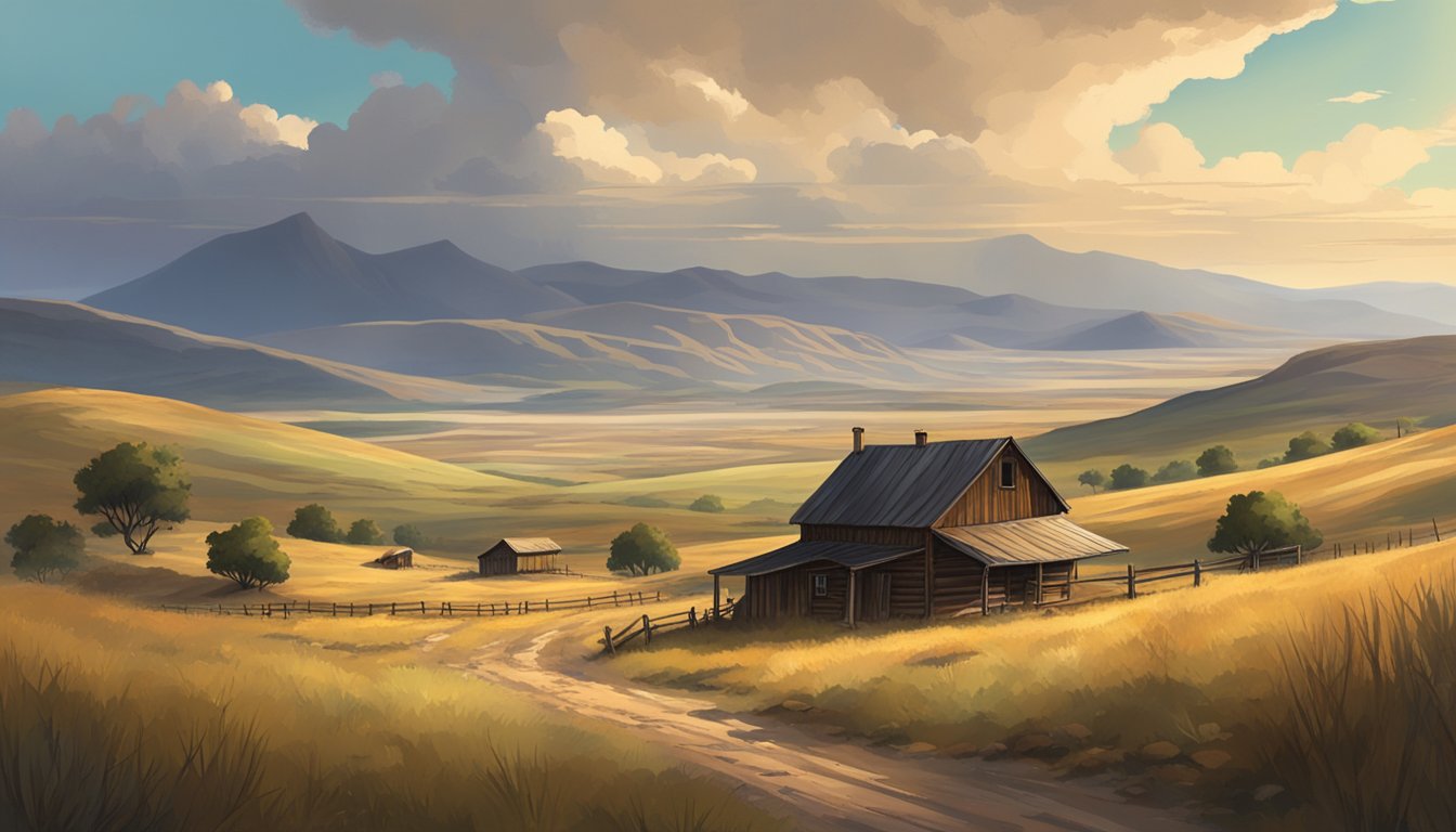 A vast, rugged landscape with rolling hills, sparse vegetation, and a dramatic sky. A small, rustic homestead sits in the distance, surrounded by open plains and towering mountains