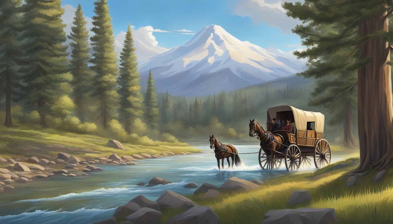 A horse-drawn wagon approaches a glistening river on the Oregon Trail, surrounded by towering trees and rugged terrain