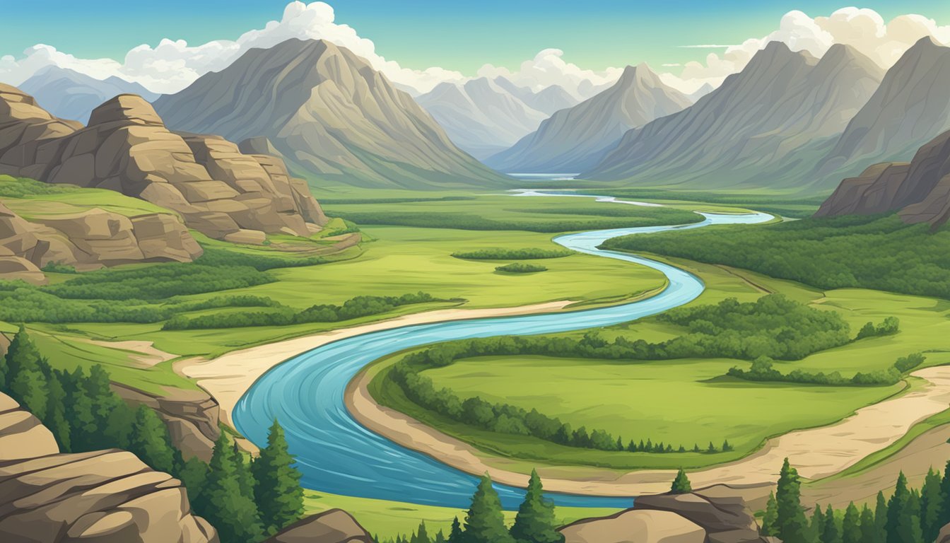 A winding river flows through the rugged landscape, surrounded by towering mountains and lush greenery, providing a vital water source for weary travelers on the Oregon Trail