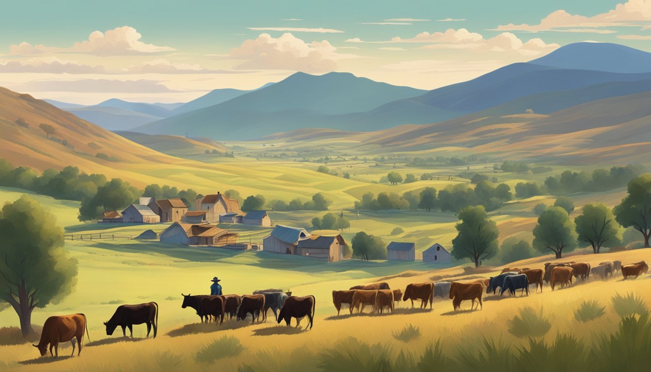 A vast, rugged landscape with a small frontier town nestled among rolling hills. A herd of cattle grazes in the distance, while a lone cowboy rides into town