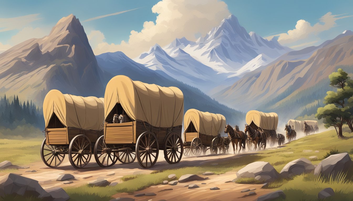 A group of covered wagons traversing a rugged, untamed landscape with towering mountains in the background