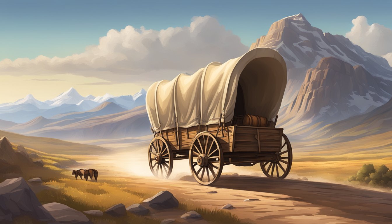 A lone covered wagon trudges through a rugged, unforgiving landscape, surrounded by towering mountains and a vast, open sky