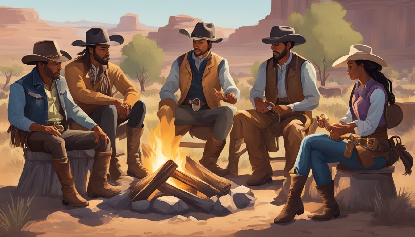 A diverse group of cowboys and cowgirls from different cultural backgrounds gather around a campfire in the Old West, sharing stories and embracing their unique identities