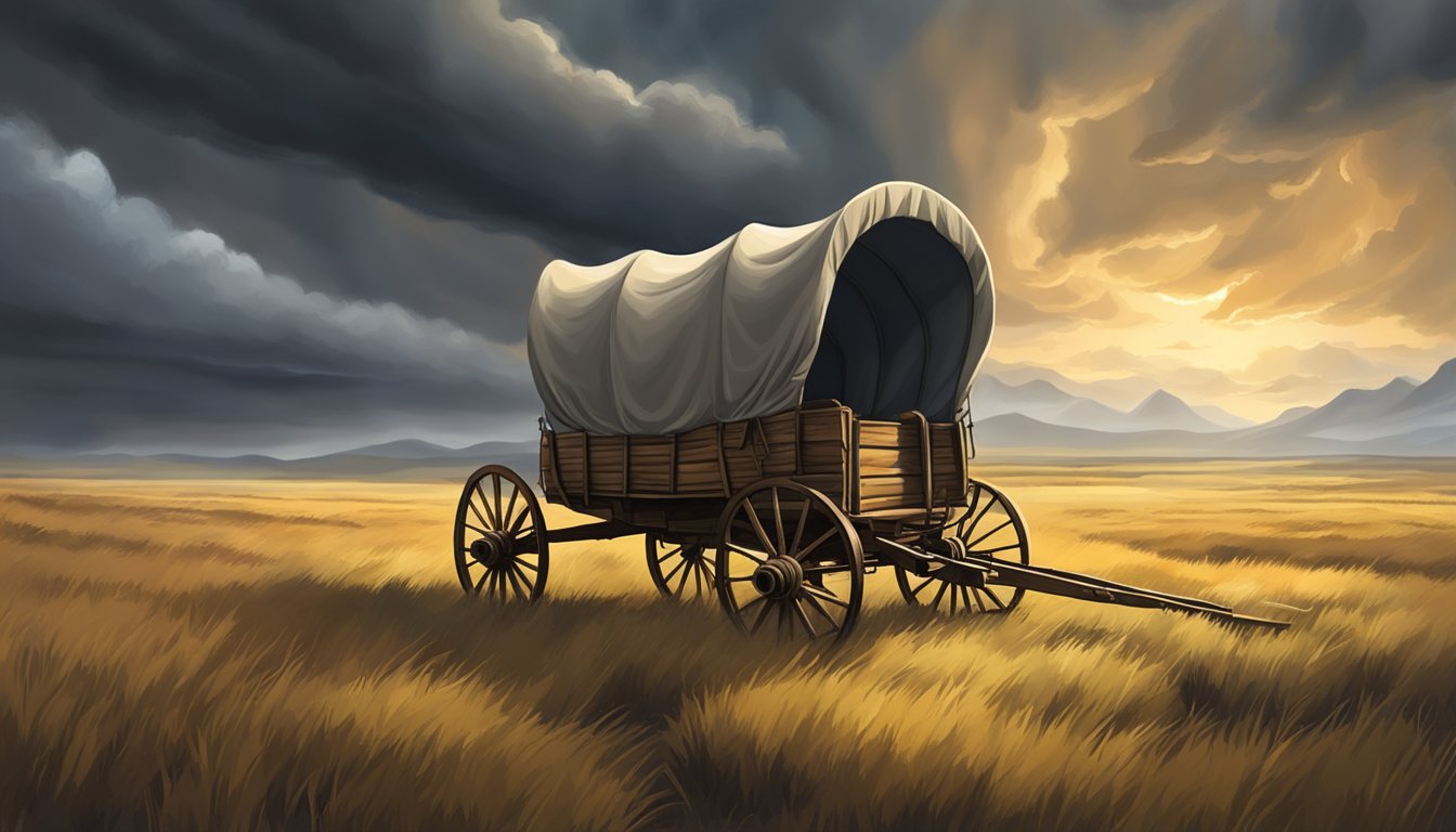 A lone covered wagon travels through a vast, open prairie under a dramatic, stormy sky