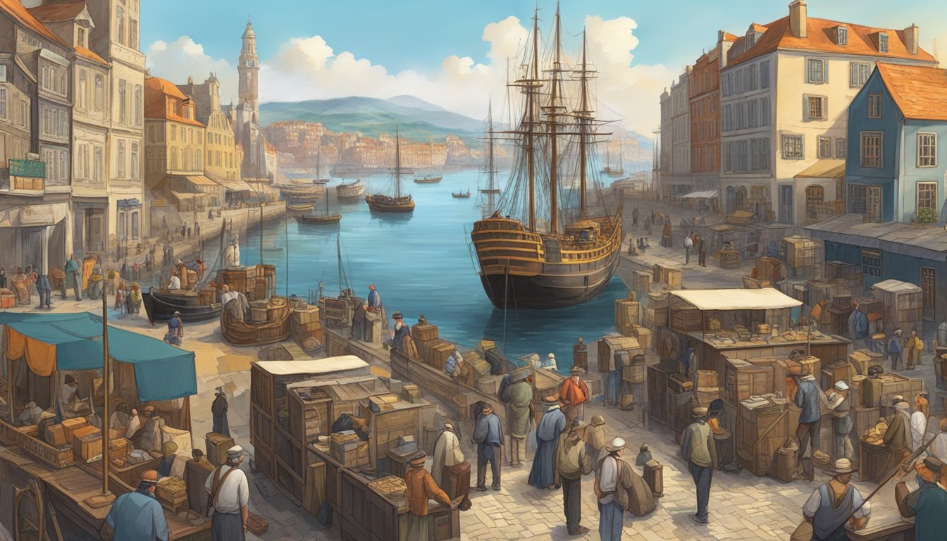 A bustling European port with ships and immigrants, surrounded by old buildings and bustling activity