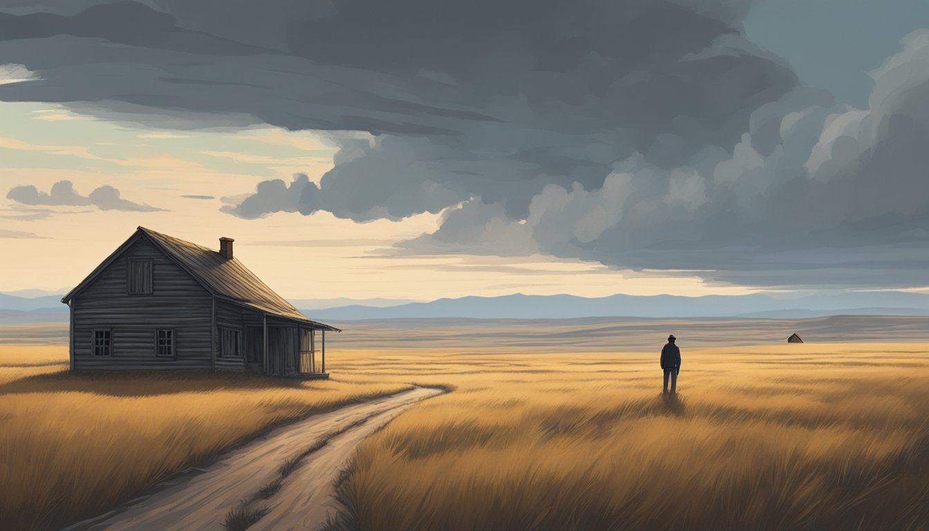 A lone figure stares out at the vast, empty prairie, leaving behind a small, isolated homestead. The sky is ominous, reflecting the uncertainty and psychological impact of the journey ahead