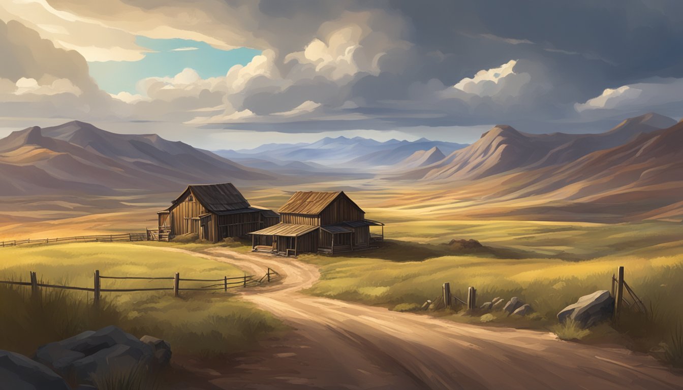 A vast western landscape with rugged terrain and a small homestead, surrounded by rolling hills and a dramatic sky