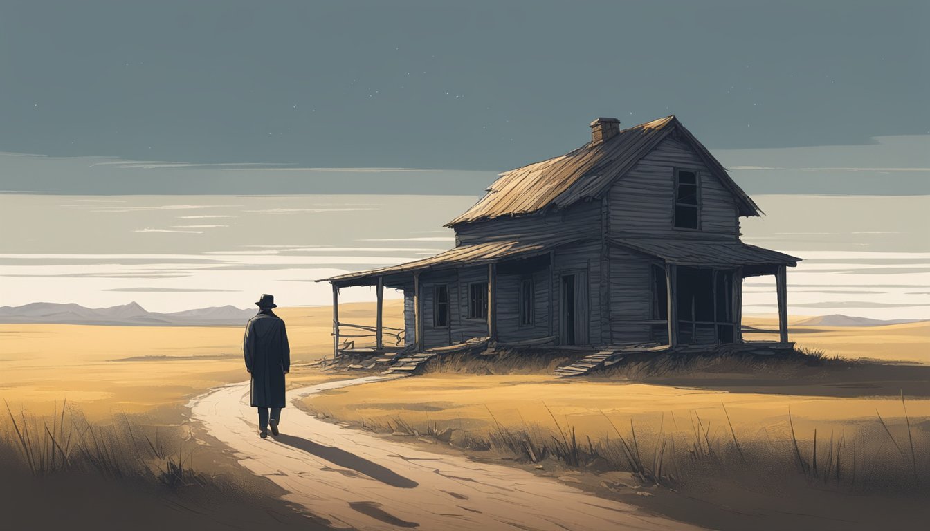 A lone figure walks away from a dilapidated homestead, leaving behind a trail of memories and emotions. The vast, empty landscape stretches out before them, symbolizing the psychological impact of leaving everything behind