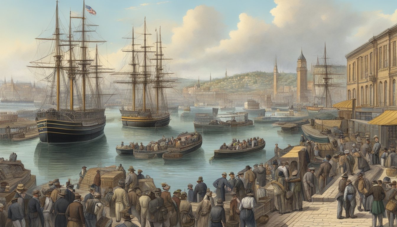 A bustling European port with ships loading immigrants onto steamboats for their journey to America in the year 1883