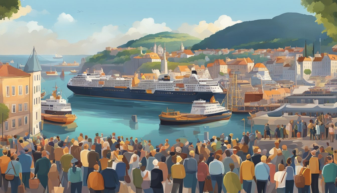 A crowded European port with ships, luggage, and people bidding farewell