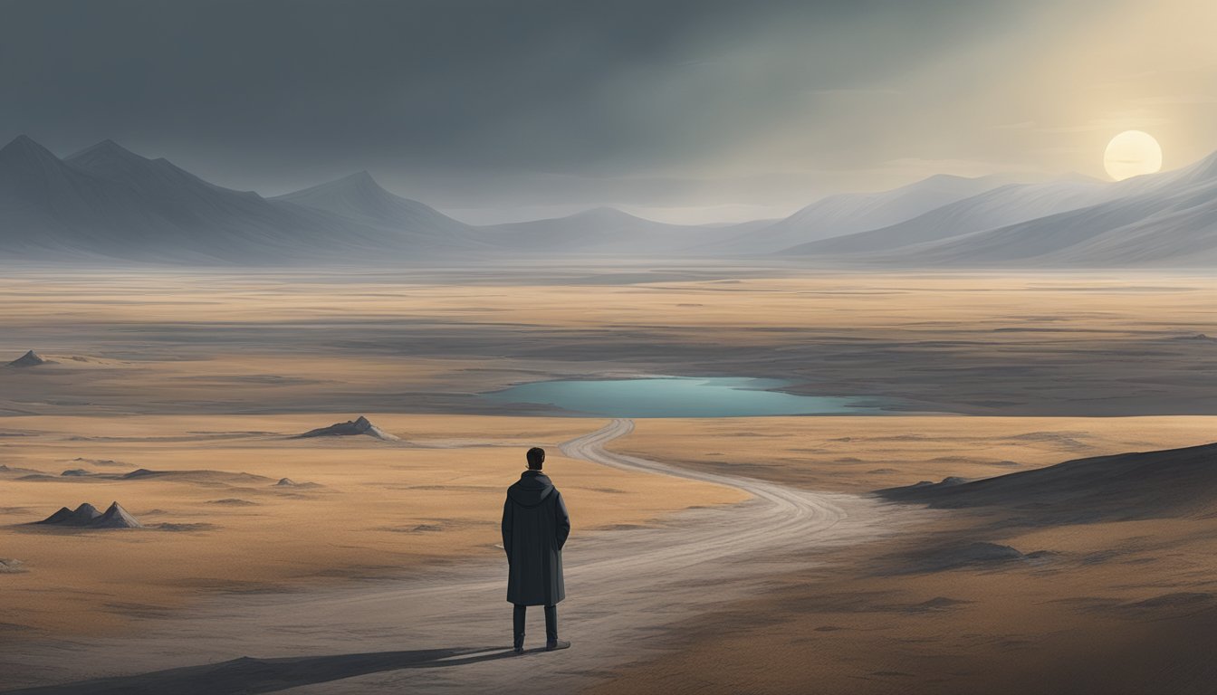 A lone figure stands in front of a desolate landscape, with a sense of abandonment and loss evident in the surroundings