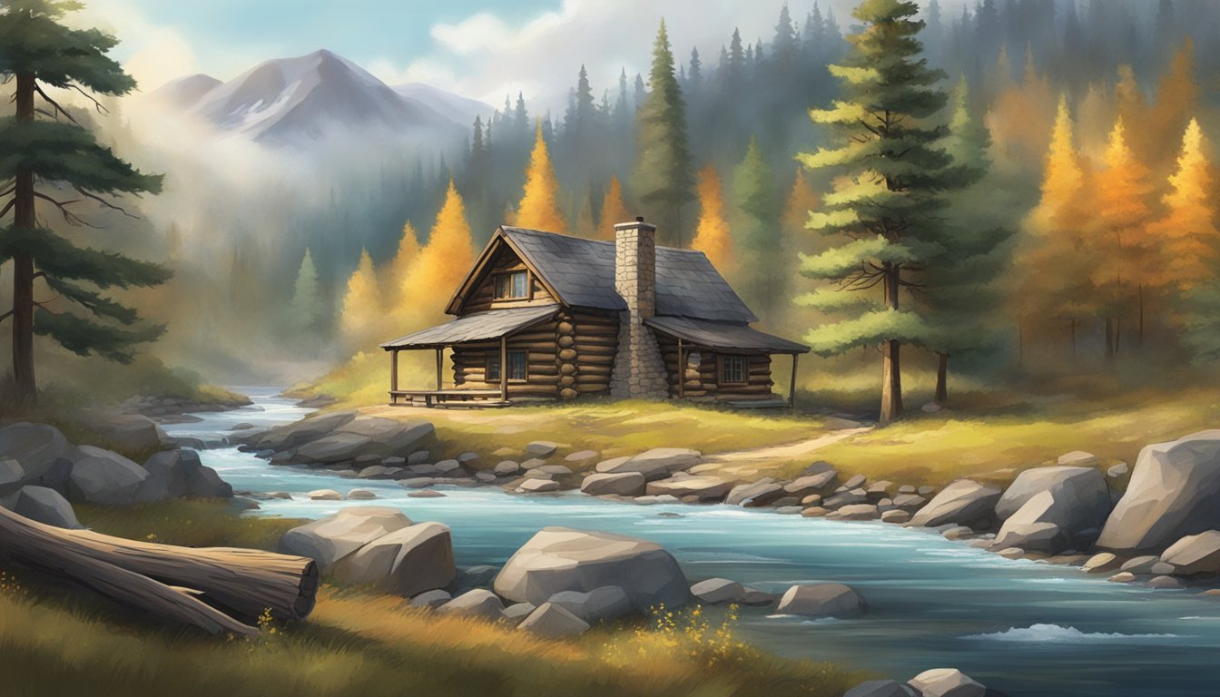 A rugged landscape with a small log cabin nestled among towering pine trees, smoke rising from the chimney, and a clear stream running through the scene