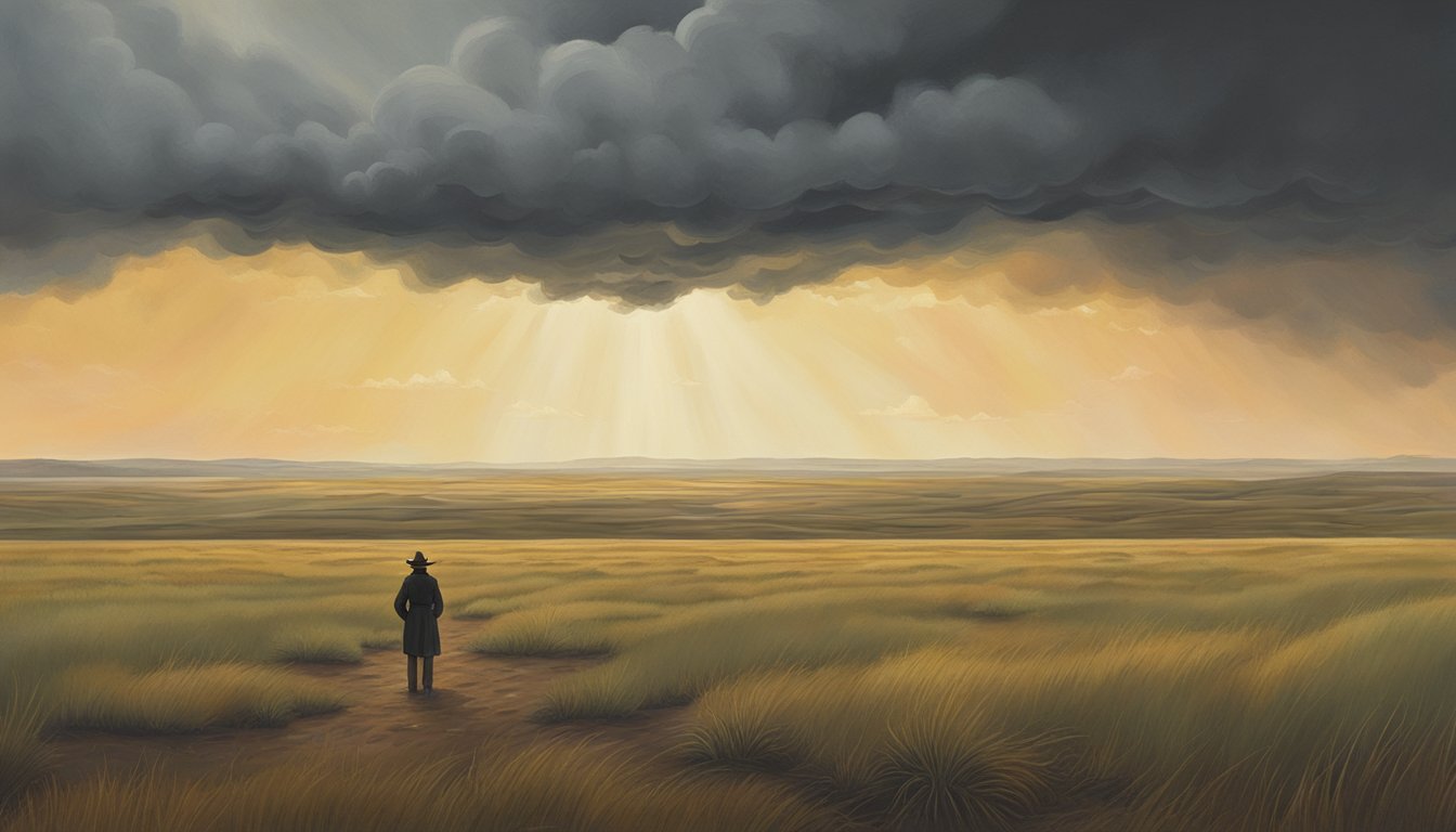 A lone figure stands in a vast, empty prairie, gazing at the distant horizon as storm clouds gather overhead. The desolate landscape reflects the psychological impact of leaving everything behind in "1883"