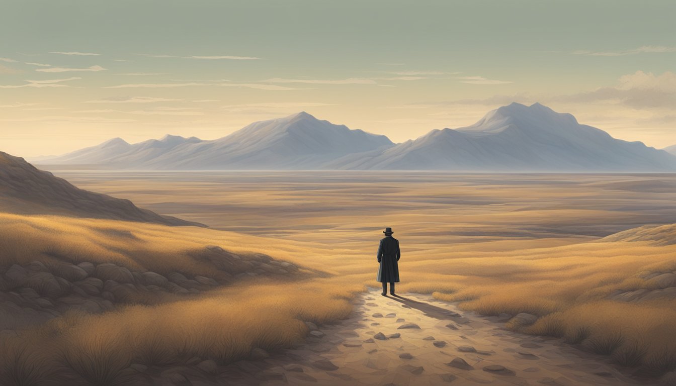 A lone figure stands before a vast, empty landscape, symbolizing the psychological impact of leaving everything behind in "1883"