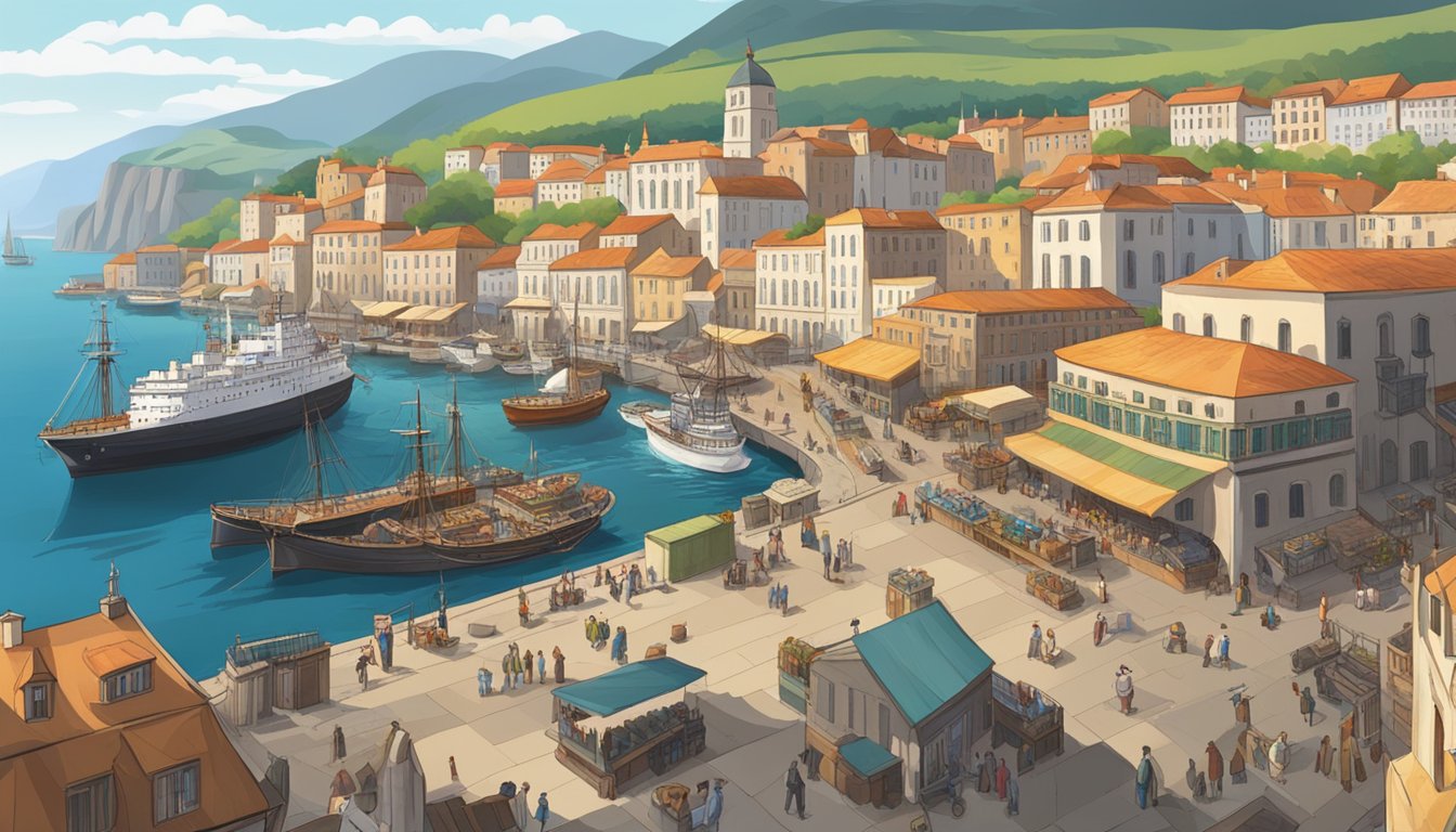 A crowded European port with ships and bustling activity, surrounded by old buildings and looming mountains in the distance