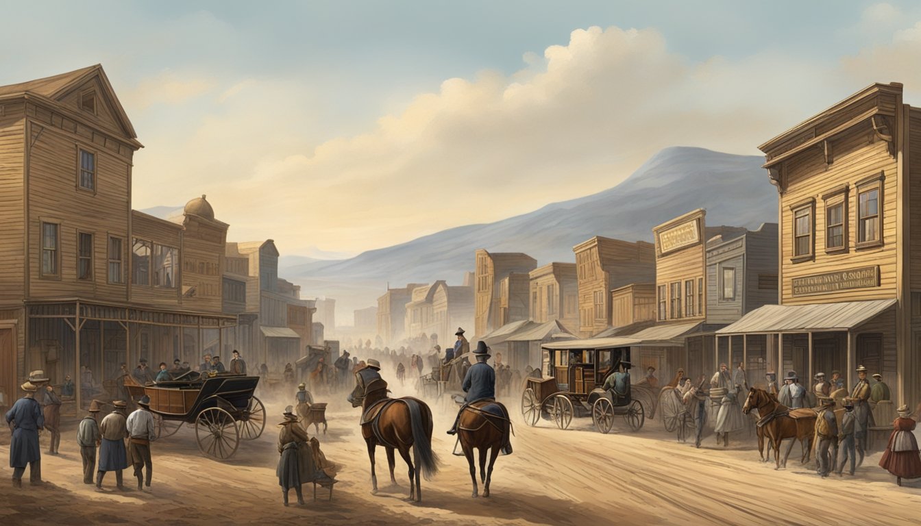 A bustling western town with wooden buildings, dirt roads, horses and carriages, and people going about their daily activities in the late 1800s