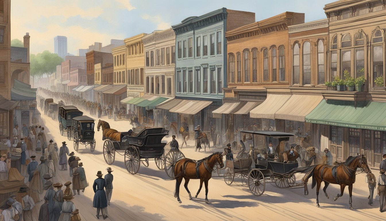 A bustling 1883 Fort Worth street with horse-drawn carriages, wooden storefronts, and people in period clothing