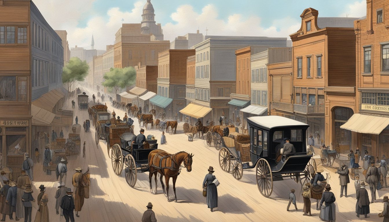 A bustling street in 1883 Fort Worth, with horse-drawn carriages, wooden buildings, and people going about their daily tasks