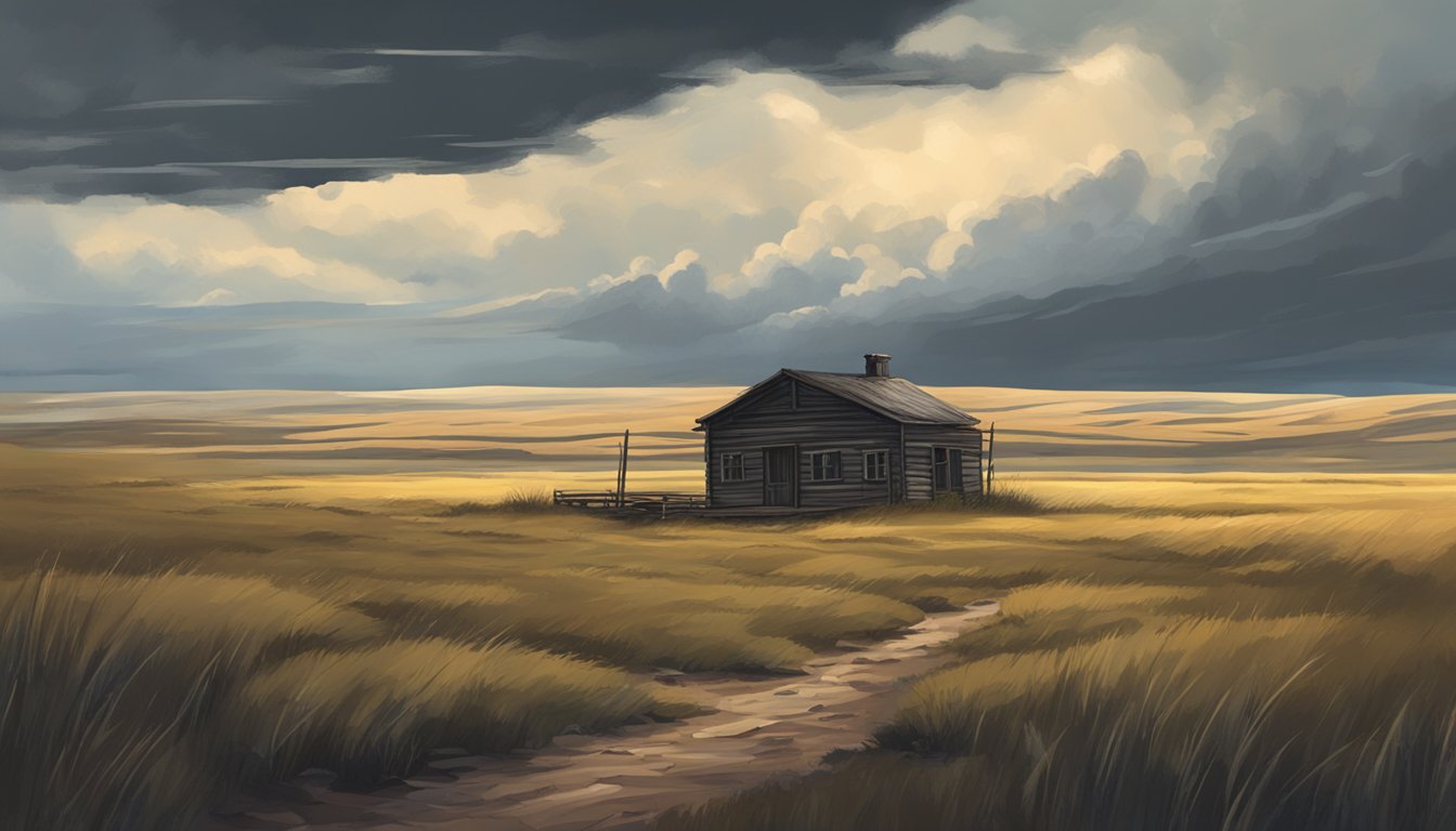 A desolate prairie with a lone, weathered cabin under a stormy sky, conveying isolation and emotional turmoil