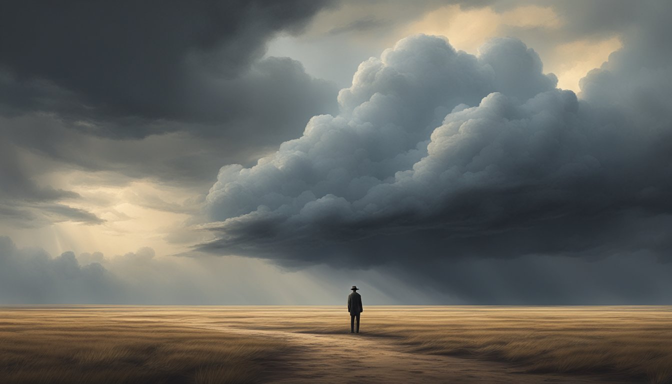 A lone figure stands on a desolate plain, gazing at the horizon as storm clouds gather, symbolizing the emotional weight of leaving everything behind in "1883"