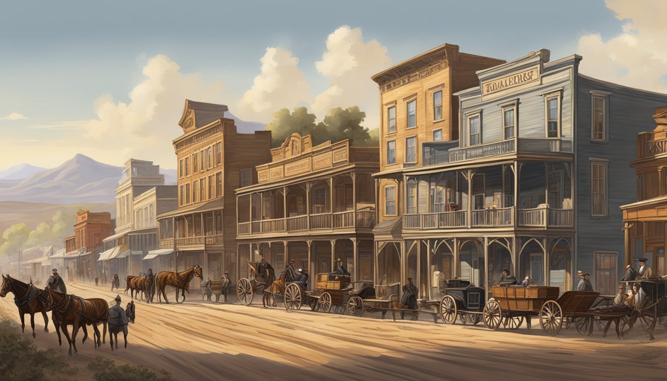 A bustling Western town with saloons, cattle ranches, and horse-drawn carriages. The architecture reflects a mix of frontier ruggedness and Victorian elegance