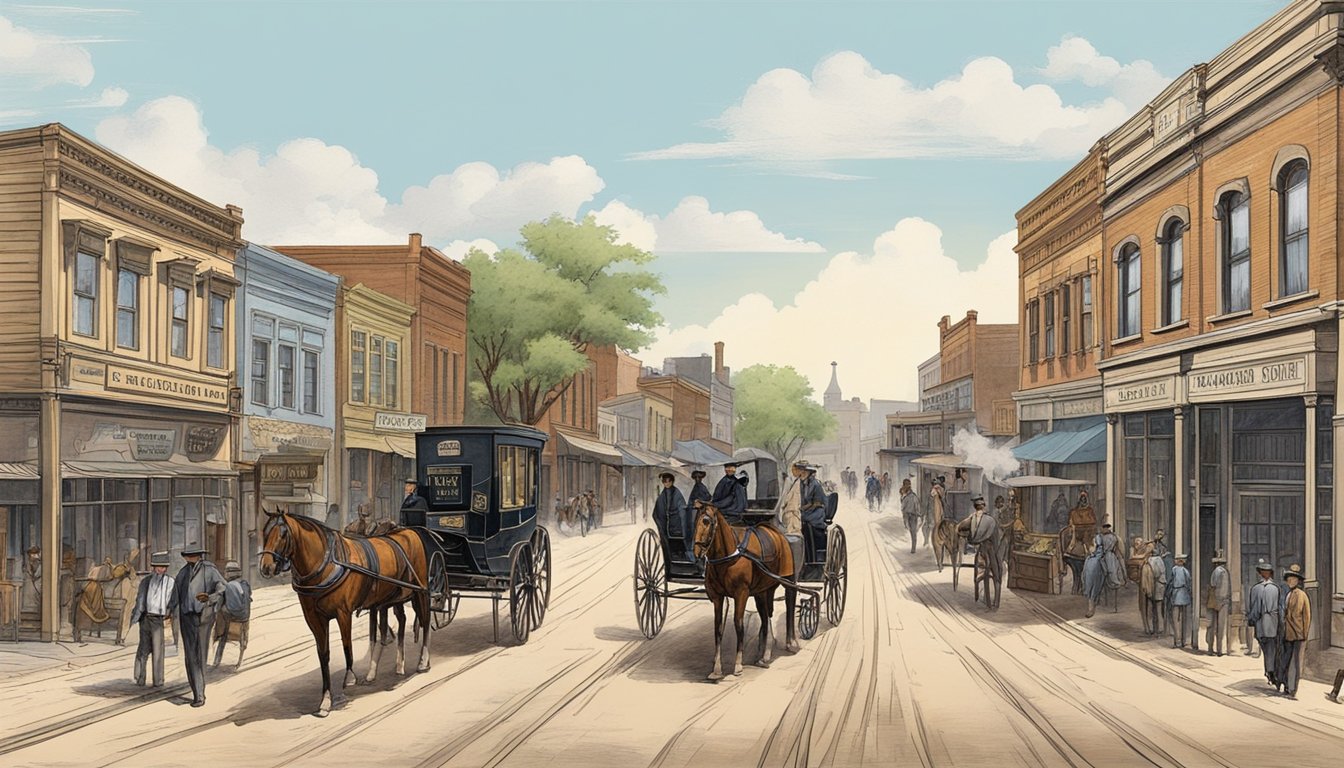 A bustling 1883 Fort Worth street with horse-drawn carriages, wooden storefronts, and period-accurate signage