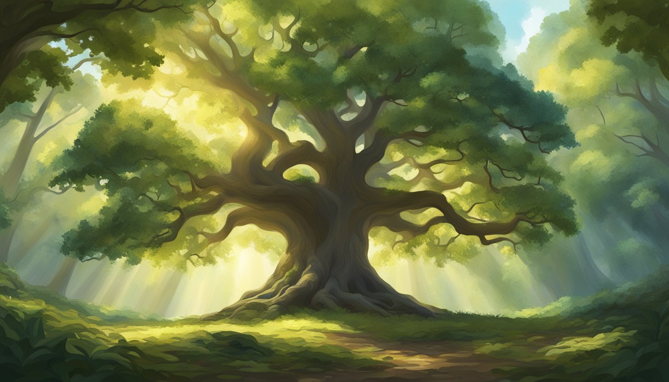 A towering oak tree with sprawling branches, surrounded by a lush, vibrant forest. The sun filters through the leaves, casting dappled shadows on the forest floor