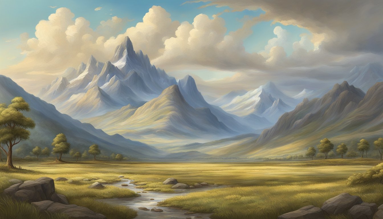 A vast, untamed landscape with towering mountains, rolling plains, and a dramatic sky. The elements of nature play a central role in shaping the world of "1883."