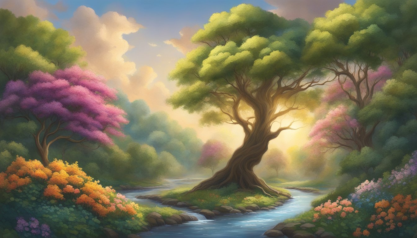 A towering tree with gnarled branches looms over a meandering stream, surrounded by lush foliage and vibrant flowers. The sky above is filled with billowing clouds and the sun peeking through