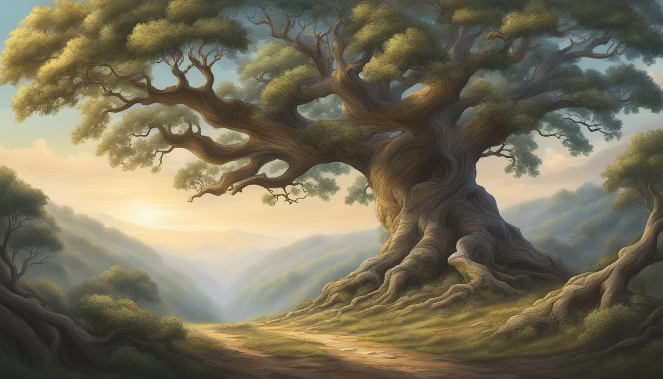 A towering, ancient oak tree stands as a silent witness to the harsh pioneer landscape, its gnarled branches reaching out to the endless expanse of the untamed wilderness