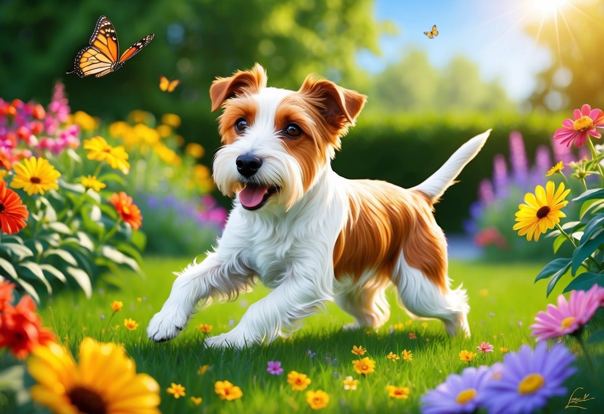 A Biewer Terrier dog playing in a sunny garden, surrounded by colorful flowers and a fluttering butterfly