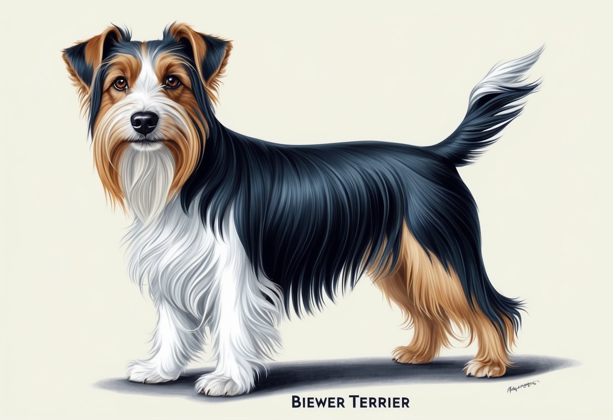 A Biewer Terrier dog stands alert, with a long, flowing coat of tri-colored fur, perky ears, and a confident stance