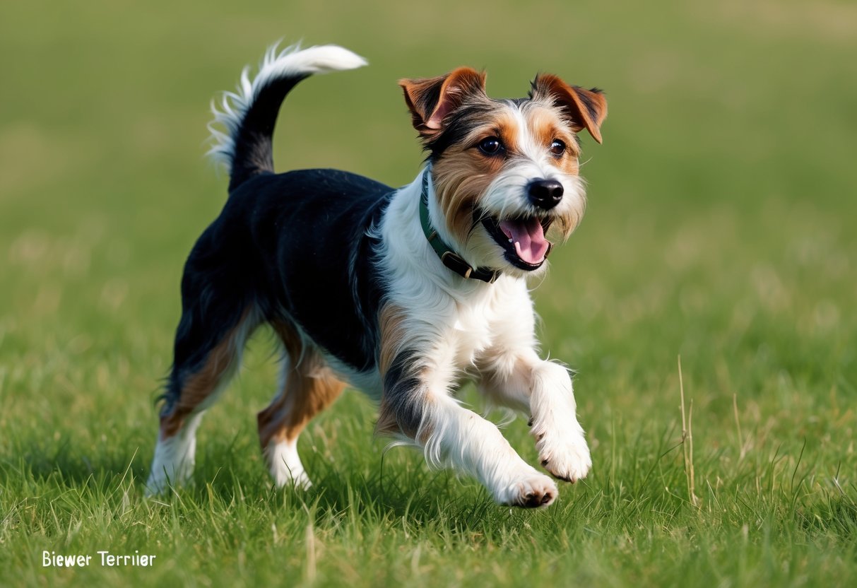 A Biewer Terrier dog playing joyfully in a grassy field, wagging its tail and looking alert