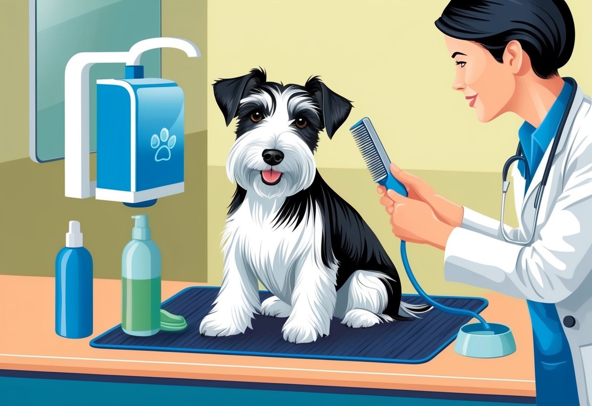 A Biewer Terrier dog being groomed and pampered at a veterinary clinic